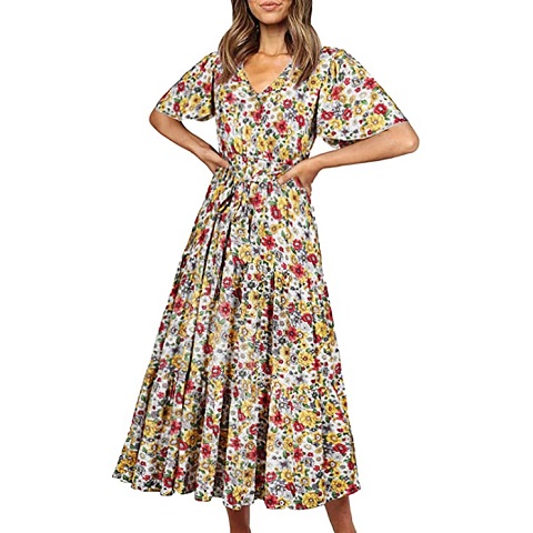 Amazon - SHIBEVER Women's Dresses Floral Print Short Sleeve V Neck Midi ...